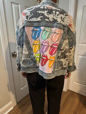 Lace and Denim Jean Jacket with Rolling Stones Upcycled Design